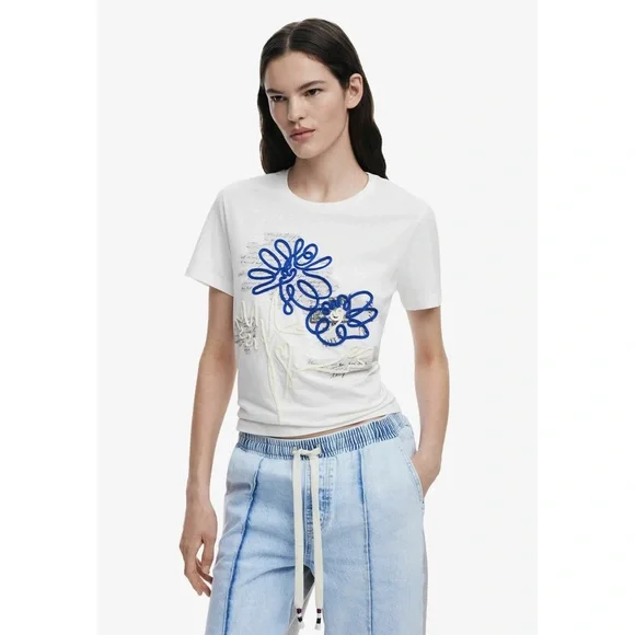 NWOT Desigual Floral Textured White Short Sleeve Shirt - Picture 3 of 5